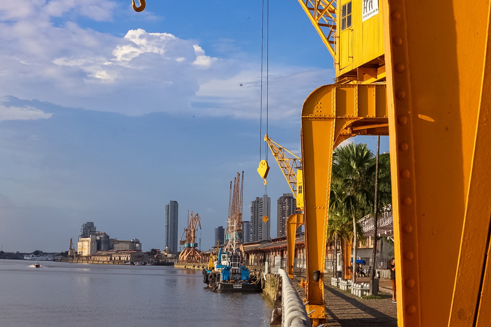 a yellow crane next to a body of water and a city