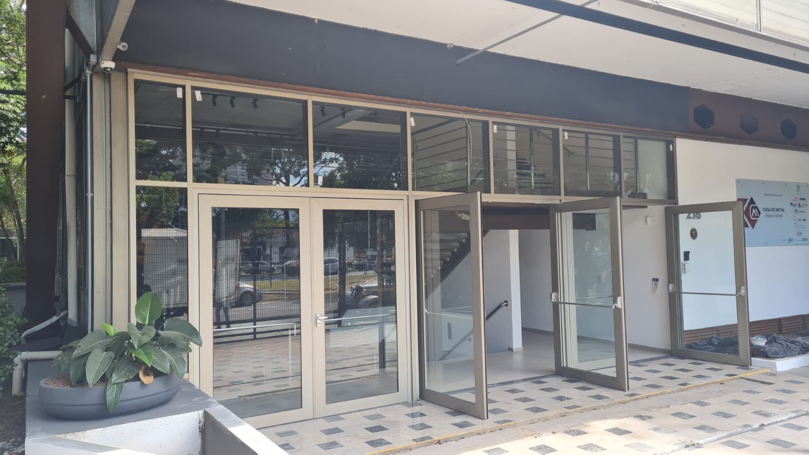 a building with glass doors