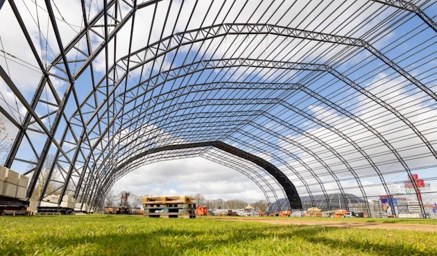 a large metal structure with many windows